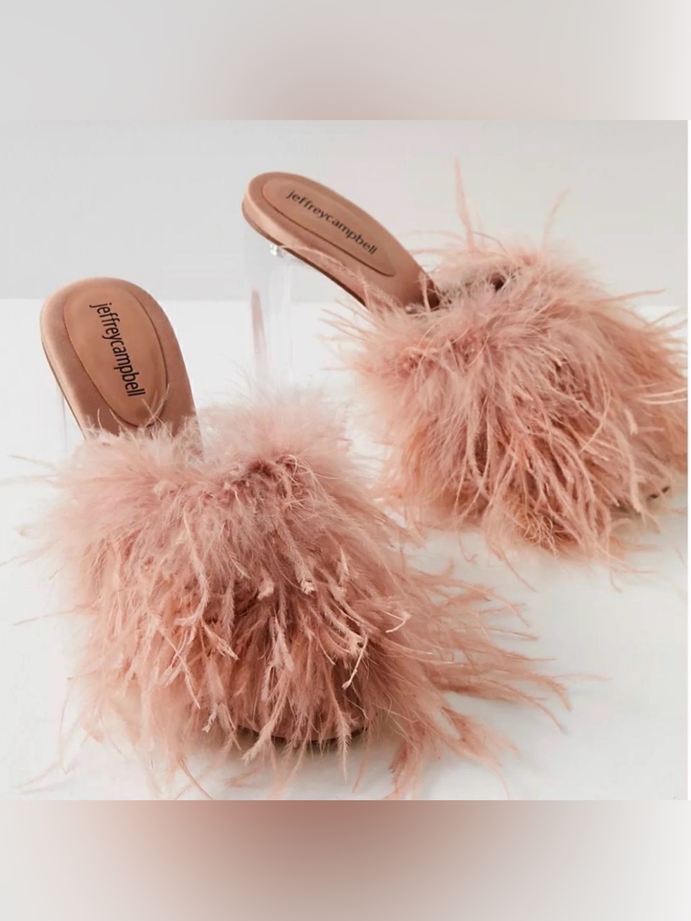 Jeffrey Campbell Daisy Feather and suede mules with lucite heel